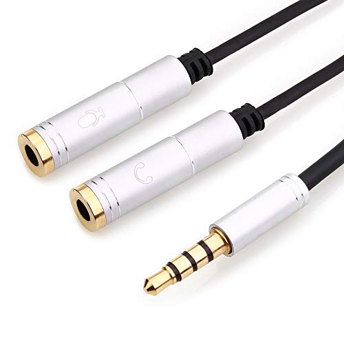 NANYI 3.5mm 4 Pin Male to 2x3.5mm 3 Pin Female Headphone Converter Head Audio Splitter Adapter Cable, (Silver-1Feet)