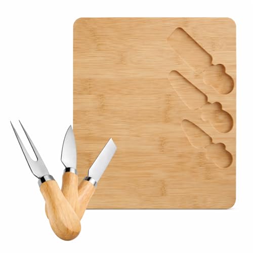 Planche à fromages en bambou avec 2 couteaux et fourchette - Planche à charcuterie pour fromages et charcuterie 33 x 25 cm avec fentes - Plateau apéritif...