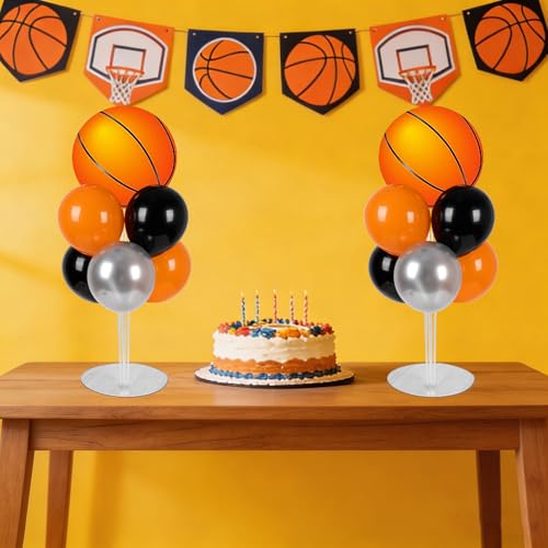 Image of 2 Sets Basketball Party Balloons Stand Kit with Orange And Black Balloon Sport Basketball Senior Night Balloon Centerpiece for Tables for Game Sports Day Birthday Sports Event Decorations