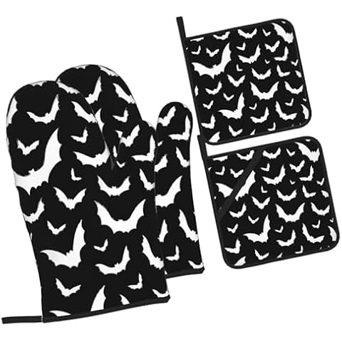 HOYYU Halloween Black Bats Oven Mitts and Pot Holders Set of 4 Heat Resistant Kitchen Potholder Oven Gloves for Cooking Baking Grilling BBQ Mittens Non Slip Kitchen Accessories Gifts Cover