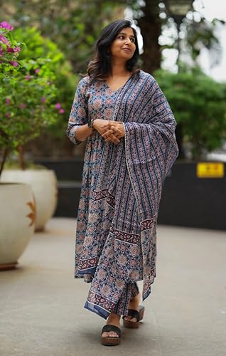 Image of Nermosa Women Printed Cotton Anarkali Kurta and Pant with Dupatta | Printed Kurta Set | Cotton Kurta Set | Summer Office Wear |