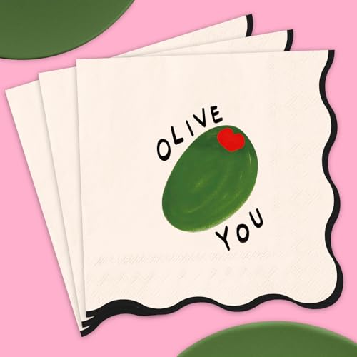 JarThenaAMCS 50 Pcs Olive You Scalloped Cocktail Napkin Funny Sarcastic Quotes Disposable Paper Napkin 3 Ply Drink Beverage Napkins for Bridal Shower Bachelorette Party Decorations