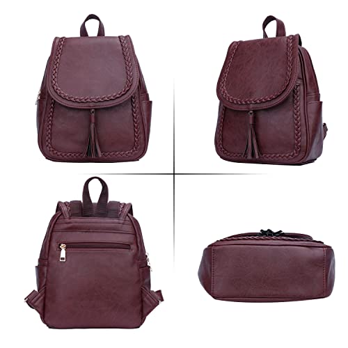 Image of KKXIU Fashion Small Synthetic Leather Backpack Purse For Women and Ladies with Tassel (Wine)