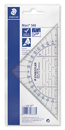 Staedtler 568 38 Mars, Équerre Géométrique de 16 Cm avec Rapporteur Intégré en Plastique Transparent Incassable, sous Étui Plastique Souple