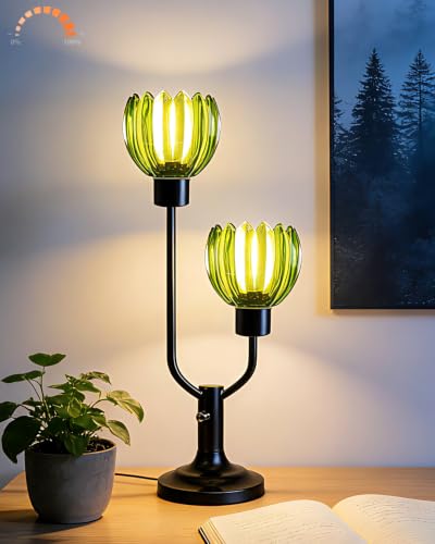 Image of Lightdot Vintage Green Flower Table Lamp Bulbs Included Dimmable Glass Lamp | Nightstand Lamp Mid Century Modern Black Desk Lamp Warmwhite Ambient Bedside Lamp for Living Room Bedroom Home Decor Gift
