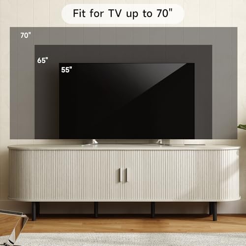 Image of ONBRILL 70.8 inch TV Stand with Power Outlet for TVs up to 75 Inch, Entertainment Center with Storage and Adjustable Shelves, Modern Media Console with Sliding Doors for Living Room, Natural White