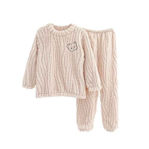 Generisch Pijama para niña, cálido, de invierno, pijamas para adolescentes, manga larga, ropa de noche, ropa de Navidad, ropa de salón, elegante, 2 piezas, traje de casa, beige, 18 meses
