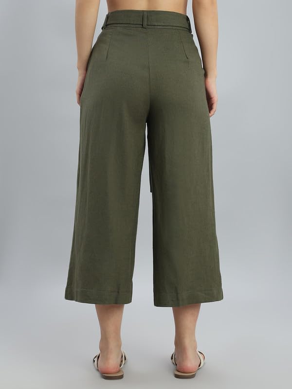 Image of GO COLORS Solid Linen Culottes for Women | High Rise, Side Pockets, Front tie-up