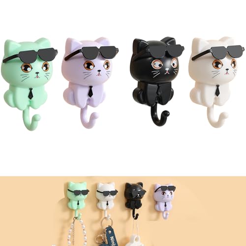 Mulomir 4 Stück Selbstklebende Kleiderhaken mit Schlüsselhalter, Kreativer Selbstklebender süßer Katzen-Schlüsselhaken, Aufbewahrungs- und Wanddekoration für Heimdekoration (Black+white+purple+green)