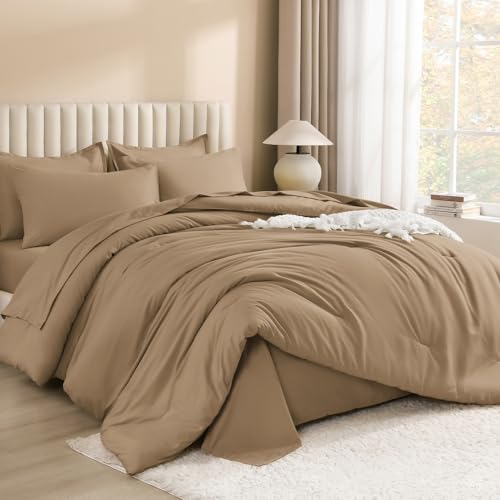 Image of Litanika Super King Plus Comforter Sets Taupe - 7 Pieces Bed in a Bag Beddding Sets, Solid Lightweight Bed Set with Comforter, Sheets, Pillowcases & Shams