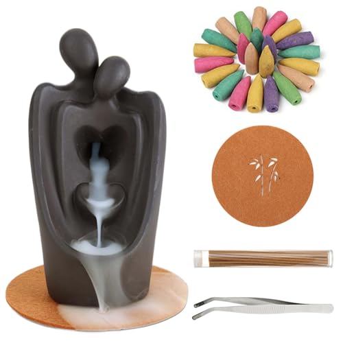 Simcat Backflow Incense Burner Handicraft Hugging Lovers Incense Waterfall Burner Ceramic Incense Holder Censer Romantic Home Decor +20 Backflow Incense Cones 30 Incense Sticks 1 Tweezer 1 Mat