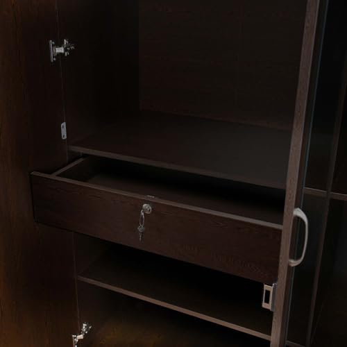 Image of Nilkamal Riva 3 Door Wooden Wardrobe with Mirror for Bedroom | Almirah with 7 Shelves, 2 Hanging Rods, 1 Lockable Drawer | Clothes Cupboard | Engineered Wood | Wenge