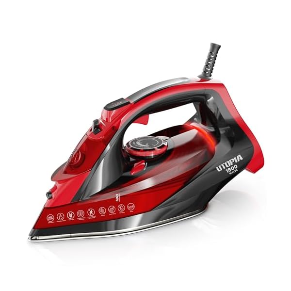 Utopia Home Steam Iron for Clothes – Non-Stick Soleplate – 1800W Clothes Iron – Adjustable Thermostat Control, Overheat Safety, Variable Steam Control, Auto-Off, Self-Clean, 8 Feet Cord (Black/Red)