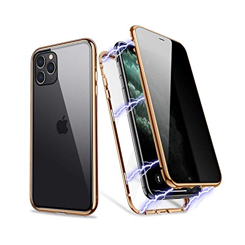 ZHIKE Funda para iPhone 11 Pro, Magnético Anti pío Privacidad Doble Cara Marco de Parachoques de Metal de absorción magnética Pantalla Completa de Vidrio Templado (Antiespía, Dorado)