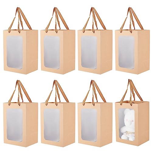 BENECREAT Lot de 8 Sacs en Papier Kraft Marron avec Fenêtre Transparente, Sac Cadeau 30x20x16 cm avec Poignées pour Anniversaire, Mariage, Fête, Anniversaire