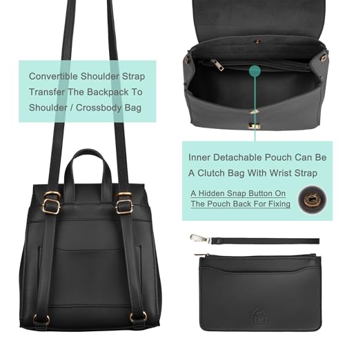 SUNLIGHT LEAVES Simple Vegan Leather Flap 3 Way Convertible Backpack For Women Classic Vintage Faux Leather Fashion Daypack (Black) by SUNLIGHT LEAVES - Image 4