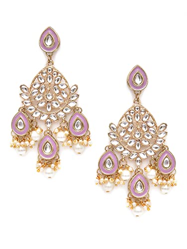 Image of Karatcart Gold Plated Pink Meena Lotus Design Kundan Dangler Earrings for Women (color may slightly vary due to photographic effect)