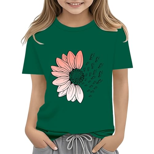 Girls Loose Fit Sunflower Graphic T Shirts Short Sleeve Crewneck Cute Pattern Printed Tops Kids (B-Green, 12-13 Years)