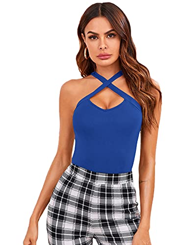 SheIn Women s Sexy Sleeveless Crisscross Halter Camisole Plain Cut Out Tank Top Royal Blue Medium