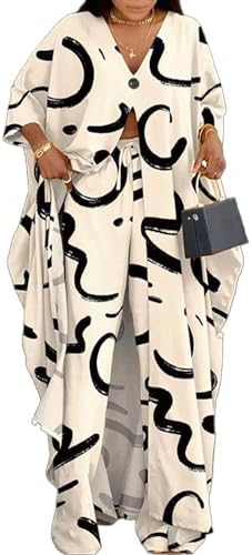 LROSEY Plus Size Causal Cardigan Sets Women 2 Piece Outfits with Floral Pattern Wide Leg Pants Beige