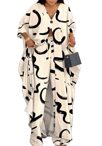 LROSEY Spring African 2 Piece Outfits Caftans for Women Floral V Neck Long Cardigan Cover Up Wide Leg Pants Sets Plus Size Beige