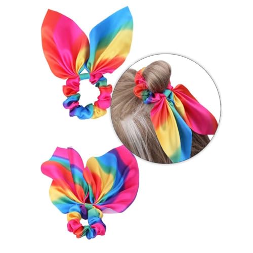 Women Girls Rainbow Hair Tie Bunny Ear Hair Bow Rainbow Hair Scrunchie Ponytail Holder Hair Band Gay Pride Rainbows Hair Accessories TSFQ10