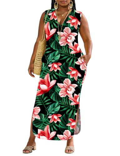 Image of UOUA Women Summer Maxi Dresses Plus Size Casual Hawaiian Sundress Sleeveless Loose Split Beach Dress with Pockets