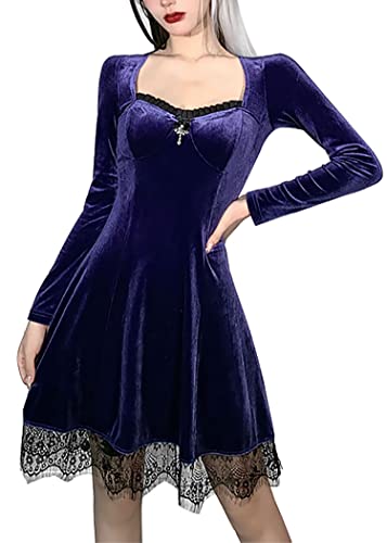 XKBHYD Kleider Für Hochzeitsgäste Damen Herbst Winter Langarm Eckiger Ausschnitt Minikleid mit Spitze Elegante Partykleid