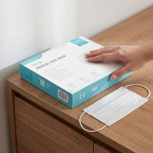 EUROPAPA® Weiss Medizinisch Type IIR Norm EN14683 TÜV CE zertifizierte Mundschutzmasken OP Masken 3-lagig Mundschutz Gesichtsmaske Einwegmaske BFE ≥ 98%, 1 Box (50 Stück)