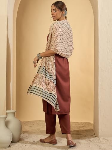 Image of INDO ERA Women's Straight Cotton Blend Solid Solid Kurta & Pant with Dupatta Set (IESTR10631)