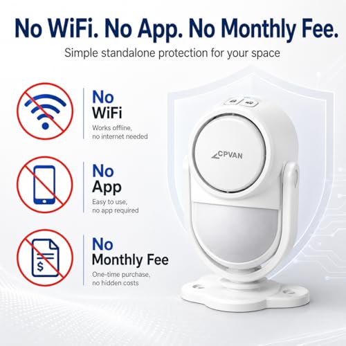 CPVAN 125dB Motion Sensor Alarm, Wireless Indoor PIR Motion Detector with 328ft Remote, 40ft Detection Range, Battery Operated Siren for Home Garage Van Shed, CP2 Pro White — view 5