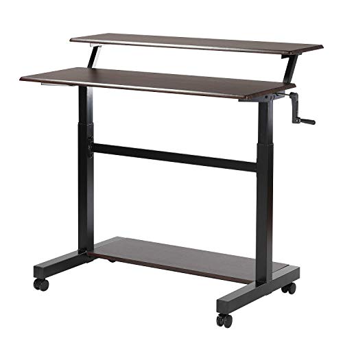 UNICOO â€“ Crank Adjustable Height Standing Desk, 2 Tier Adjustable Sit to Stand up Desk, Mobile Standing Desk, Rolling Desk â€“ (Black Frame/Dark Walnut Top) 2T-Crank