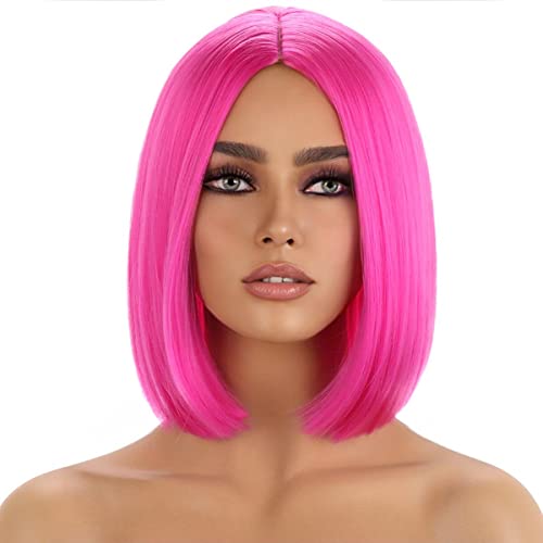 MAGQOO Hot Pink Wigs for Women Hot Pink Bob Short Straight Magenta Wig Middle Part Synthetic Heat Resistant Cosplay Costume Party Wigs