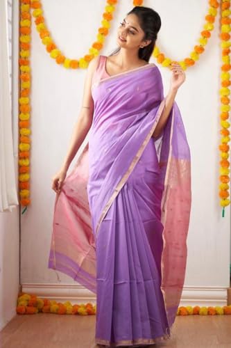 Image of Flosive inchLAVENDER Banarasi Jacquard Cotton Saree with Rich Golden Weaving and Designer Pallu inch