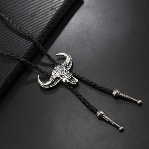 Image of Joxevyia Bolo Tie for Men Vintage Cow Skull Leather Rope Western Cowboy Necktie Vintage Bola Tie Gift for Him