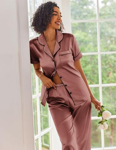 Image of Ekouaer 2 Piece Satin Short Sleeve Pajamas Set Button Down Sleepwear | Soft Pjs Set Classic Loungewear for Wedding, Party, Home, Daily Wear, Date Nights