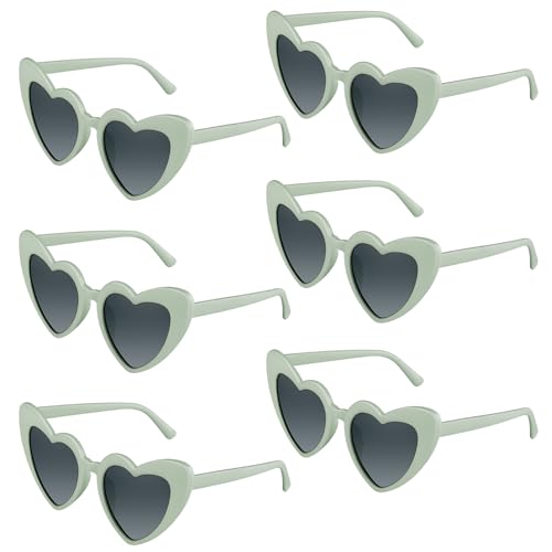 BOUBONI 6 Pack Green Heart Sunglasses Vintage Heart Shaped Glasses Bulk Bachelorette Sunglasses for Women Wedding Party Supplies Favor