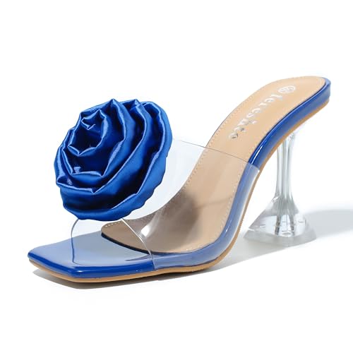 fereshte Women's Flower Heels Satin Rose Square Toe High Heeled Mule Dress Party Wedding Sandals