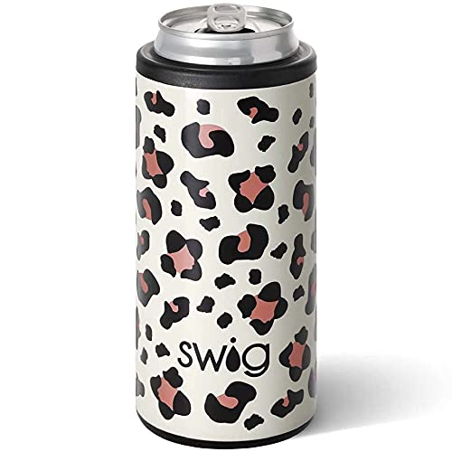 Swig Life Skinny Can Cooler, Stainless Steel, Dishwasher Safe, Triple Insulated Slim Can Sleeve for 12oz Tall Skinny Can Beverages in Luxy Leopard Print