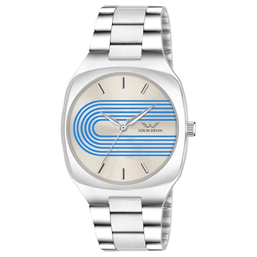 LOUIS DEVIN Stainless Steel Chain Analog Wrist Watch for Men (Silver-Blue Dial) | LD-G073-CBLU-CH