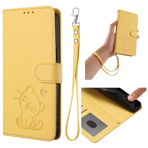 BEENTRYS Cuero PU Funda para Huawei P Smart Z / Y9 Prime 2019 Funda,Carino Gato y Corazón Cartera con Tapa Ranuras para Tarjetas Bolsillo Soporte Flip Case Antigolpes Carcasa-Amarillo