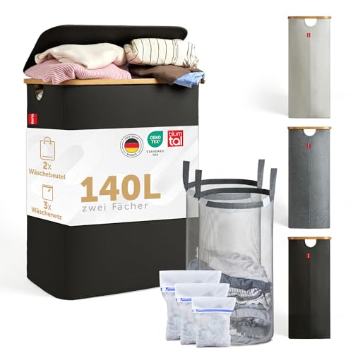 Blumtal Wäschesammler 140 L - Wäschekorb 2 Fächer mit herausnehmbarem Wäschesäcken - Pfandflaschen Aufbewahrung - laundry basket - Wäschekorb schwarz & schmal - Wäschebox klein