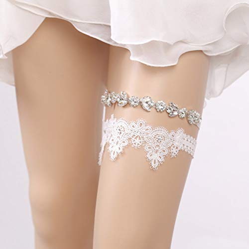 2PCS Wedding Bride Garter for Bridal Rhinestone Crystal Garter Belt Set Foot Decor (White) - Image 2