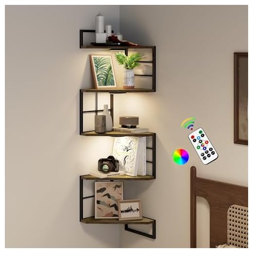 WOPITMER Corner Floating Shelves with Lights - 5 Tiers Corner Shelf Wall Mounted, Bookshelf with LED Light, Floating Shelves for Wall, Display Shelf for Bedroom, Living Room, Office & Home Decor-Brown
