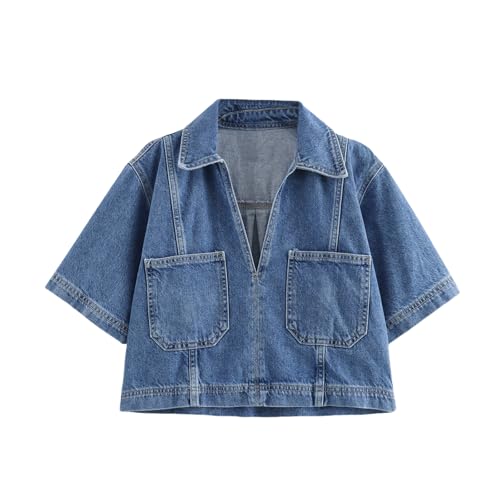 Womens V Neck Denim Crop Tops Summer Y2k Going Out Jean Shirts, Retro Denim Vest, Loose Fit Short Sleeve Collared Polo Tee (Light Blue Top,Small)