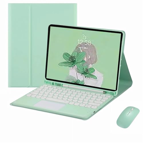 WxfTnix キーボードケース対応機種 iPad air 13インチ (M2)2024、ラウンドキーカラータッチパッドキーボードワイヤレス着脱式、鉛筆ホルダー付きレザーフォリオカバー、マウス&キーボードセット,グリーン
