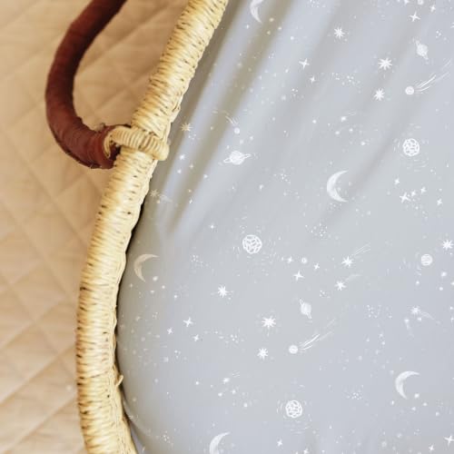 Image of Baby Bassinet Sheets for Boy, Girl (Galaxy, Moon and Stars) 2-Pack - Fitted Bedside Bassinet Sheets - Buttery Soft Cotton Blend for Standard Mattress Pad - Compatible with Halo BassiNest