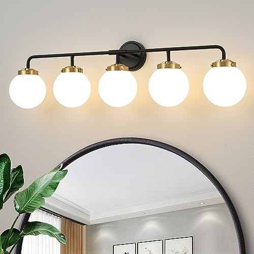 Image of Bathroom Light Fixtures 39in 5-Light Black Gold Vanity Lights for Mirror | Bathroom Lighting Fixtures over Mirror, ETL, Brushed Brass Wall Sconce, Dimmable E12 Base Max 60W, Milky Glass Ball Shades