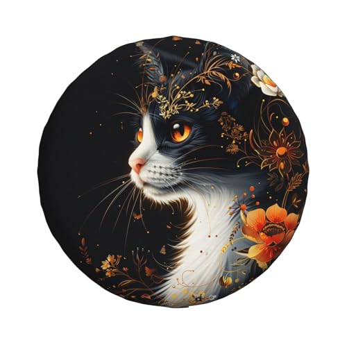 Image of Abstract Cat with Floral Spare Tire Cover Weatherproof Universal Wheel Protectors Halloween Wheel Covers for Rv Camper Travel Trailer SUV Truck 17 Inch