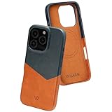 Wilken Leather Slim Phone Case Compatible with iPhone 16 Pro | Compatible with MagSafe & Wireless Charging | Premium Top-Grain Leather Cover with Metal Buttons (16 Pro, Tan/Blue)